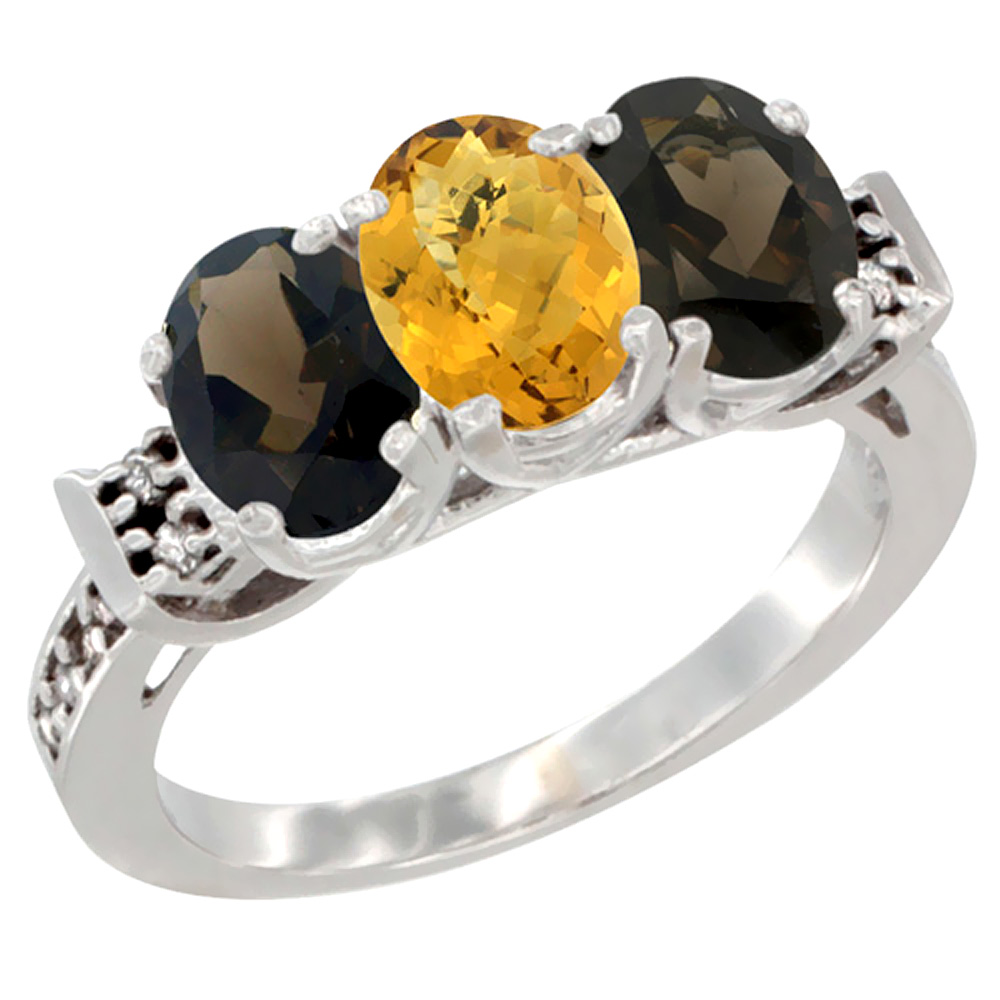 10K White Gold Natural Whisky Quartz & Smoky Topaz Sides Ring 3-Stone Oval 7x5 mm Diamond Accent, sizes 5 - 10