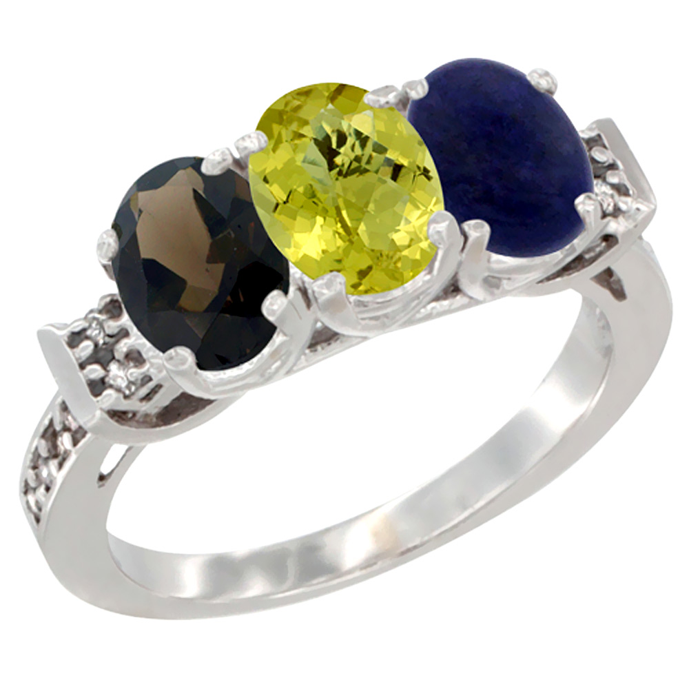 10K White Gold Natural Smoky Topaz, Lemon Quartz & Lapis Ring 3-Stone Oval 7x5 mm Diamond Accent, sizes 5 - 10