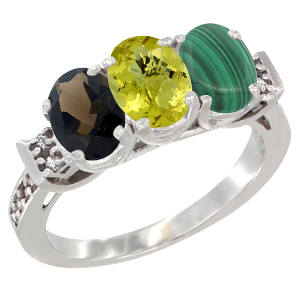 10K White Gold Natural Smoky Topaz, Lemon Quartz & Malachite Ring 3-Stone Oval 7x5 mm Diamond Accent, sizes 5 - 10