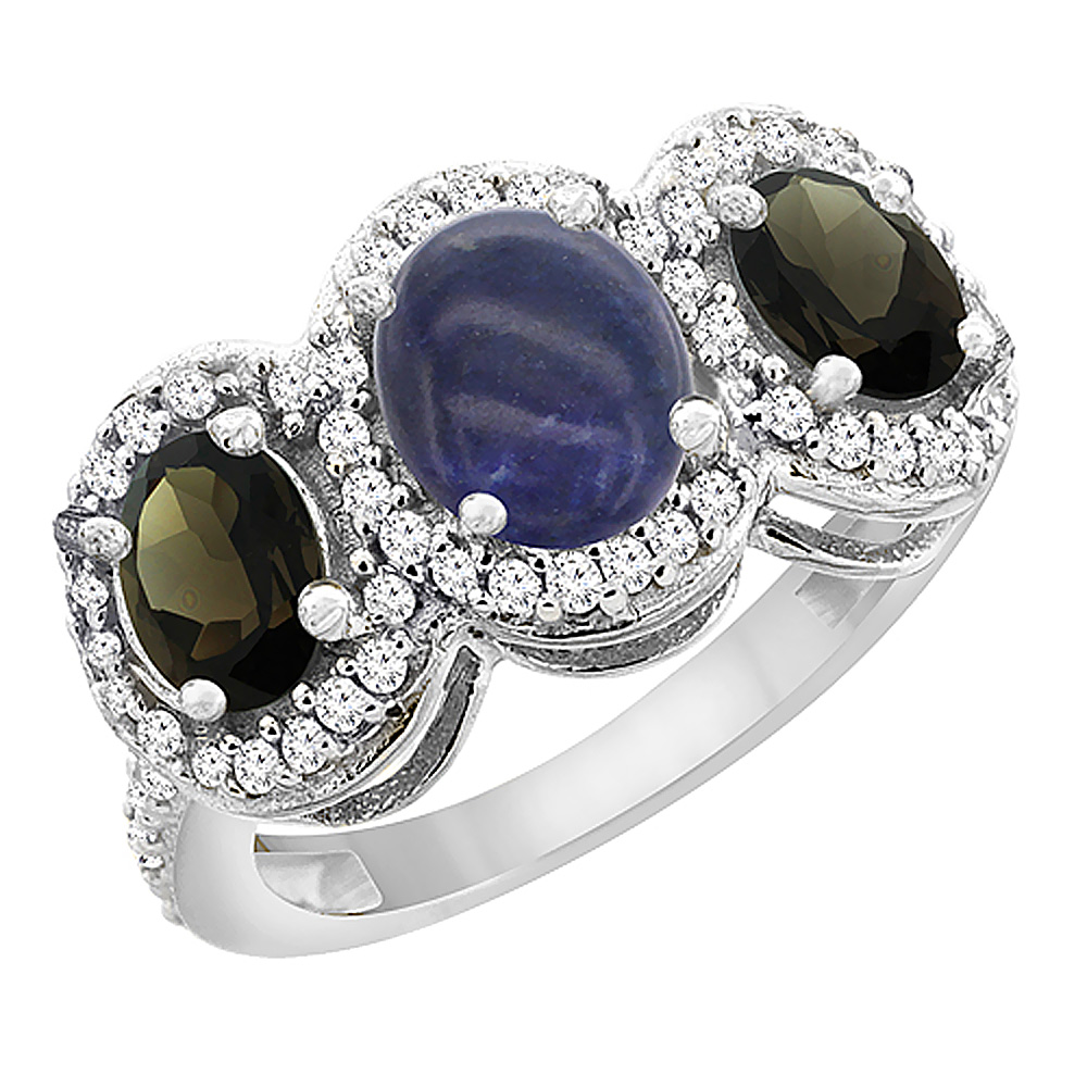 10K White Gold Natural Lapis & Smoky Topaz 3-Stone Ring Oval Diamond Accent, sizes 5 - 10