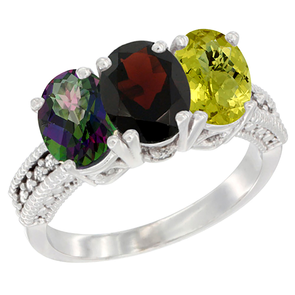 10K White Gold Natural Mystic Topaz, Garnet &amp; Lemon Quartz Ring 3-Stone Oval 7x5 mm Diamond Accent, sizes 5 - 10