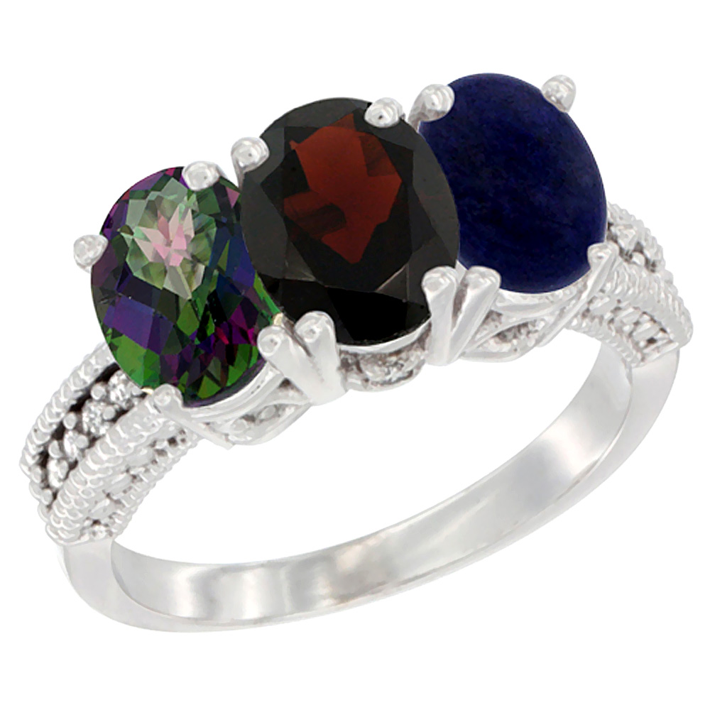 10K White Gold Natural Mystic Topaz, Garnet & Lapis Ring 3-Stone Oval 7x5 mm Diamond Accent, sizes 5 - 10