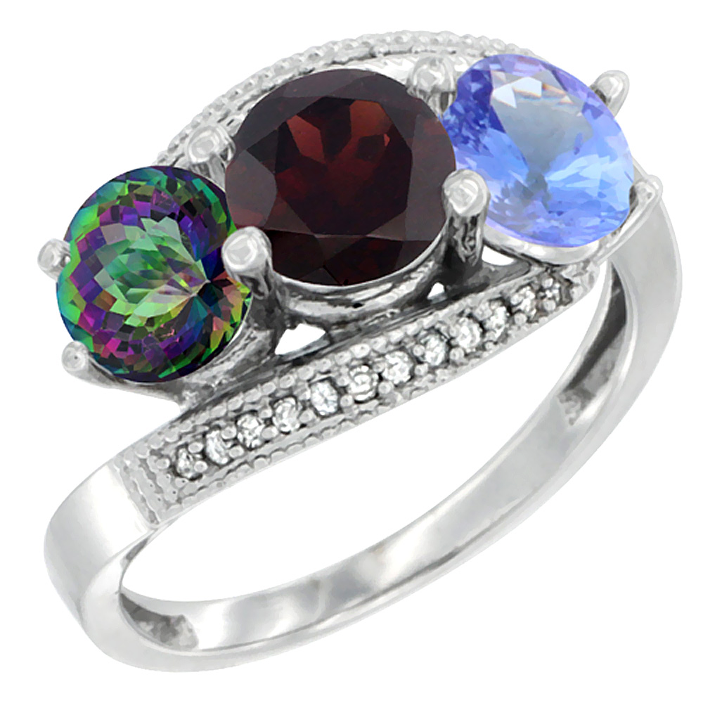 10K White Gold Natural Mystic Topaz, Garnet & Tanzanite 3 stone Ring Round 6mm Diamond Accent, sizes 5 - 10