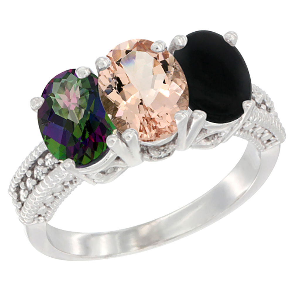 10K White Gold Natural Mystic Topaz, Morganite &amp; Black Onyx Ring 3-Stone Oval 7x5 mm Diamond Accent, sizes 5 - 10