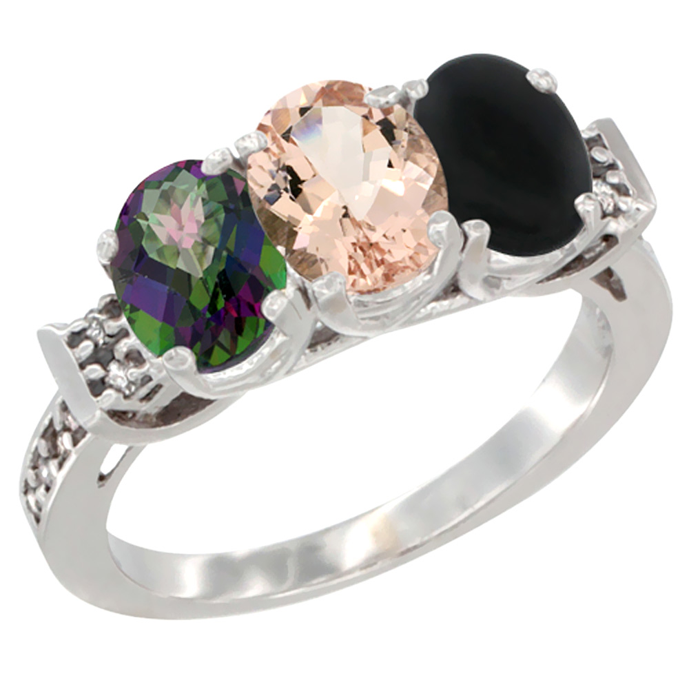 10K White Gold Natural Mystic Topaz, Morganite &amp; Black Onyx Ring 3-Stone Oval 7x5 mm Diamond Accent, sizes 5 - 10