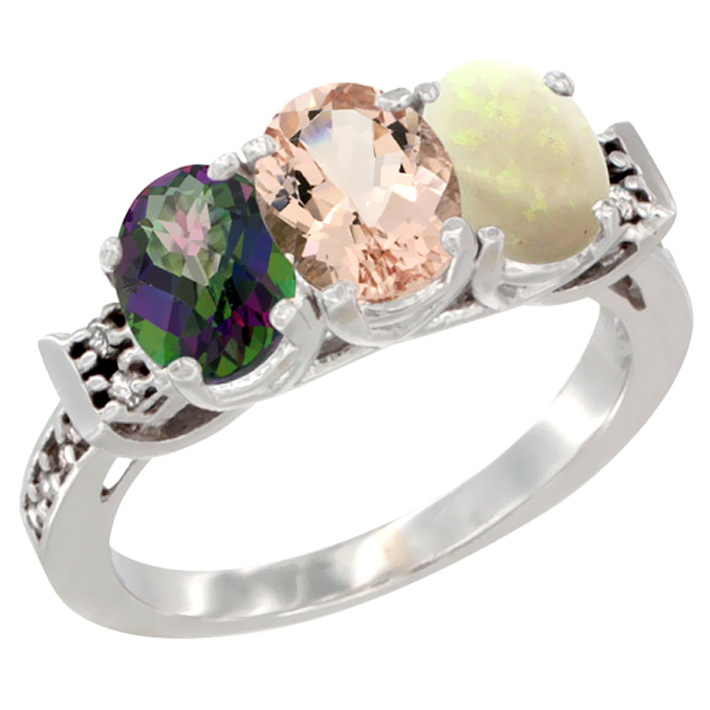 10K White Gold Natural Mystic Topaz, Morganite &amp; Opal Ring 3-Stone Oval 7x5 mm Diamond Accent, sizes 5 - 10