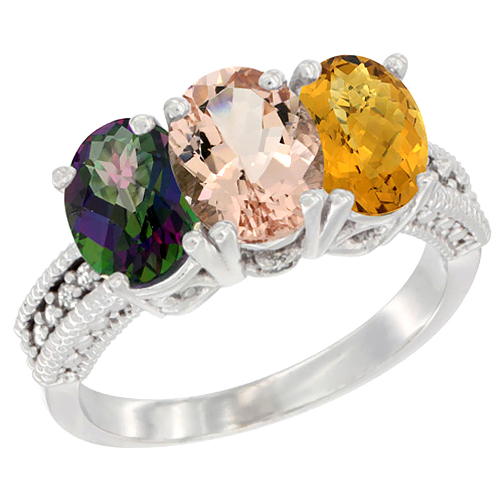 14K White Gold Natural Mystic Topaz, Morganite & Whisky Quartz Ring 3-Stone 7x5 mm Oval Diamond Accent, sizes 5 - 10