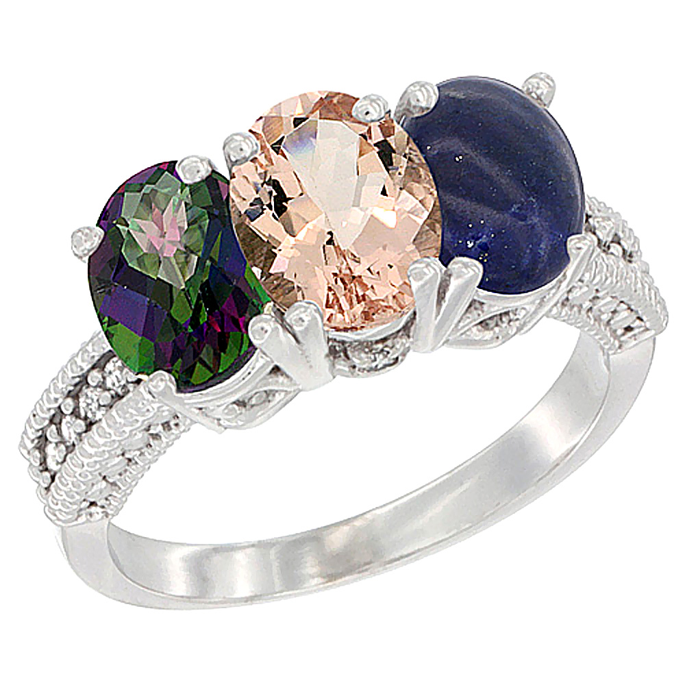 10K White Gold Natural Mystic Topaz, Morganite & Lapis Ring 3-Stone Oval 7x5 mm Diamond Accent, sizes 5 - 10