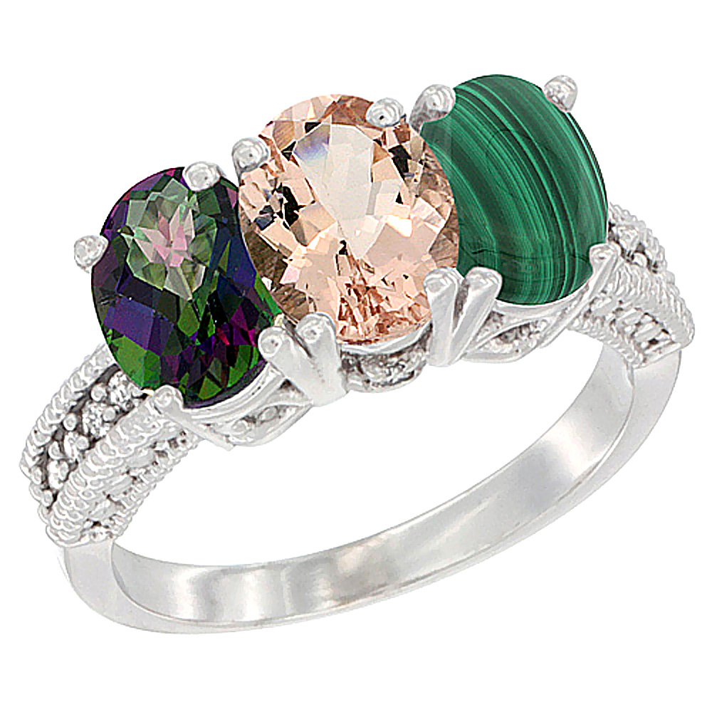 10K White Gold Natural Mystic Topaz, Morganite &amp; Malachite Ring 3-Stone Oval 7x5 mm Diamond Accent, sizes 5 - 10