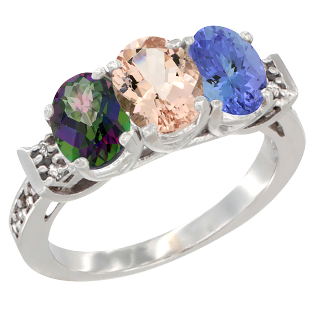 10K White Gold Natural Mystic Topaz, Morganite &amp; Tanzanite Ring 3-Stone Oval 7x5 mm Diamond Accent, sizes 5 - 10