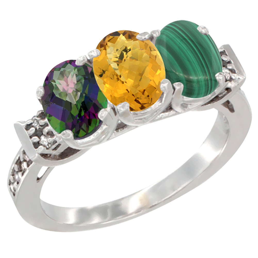 10K White Gold Natural Mystic Topaz, Whisky Quartz &amp; Malachite Ring 3-Stone Oval 7x5 mm Diamond Accent, sizes 5 - 10