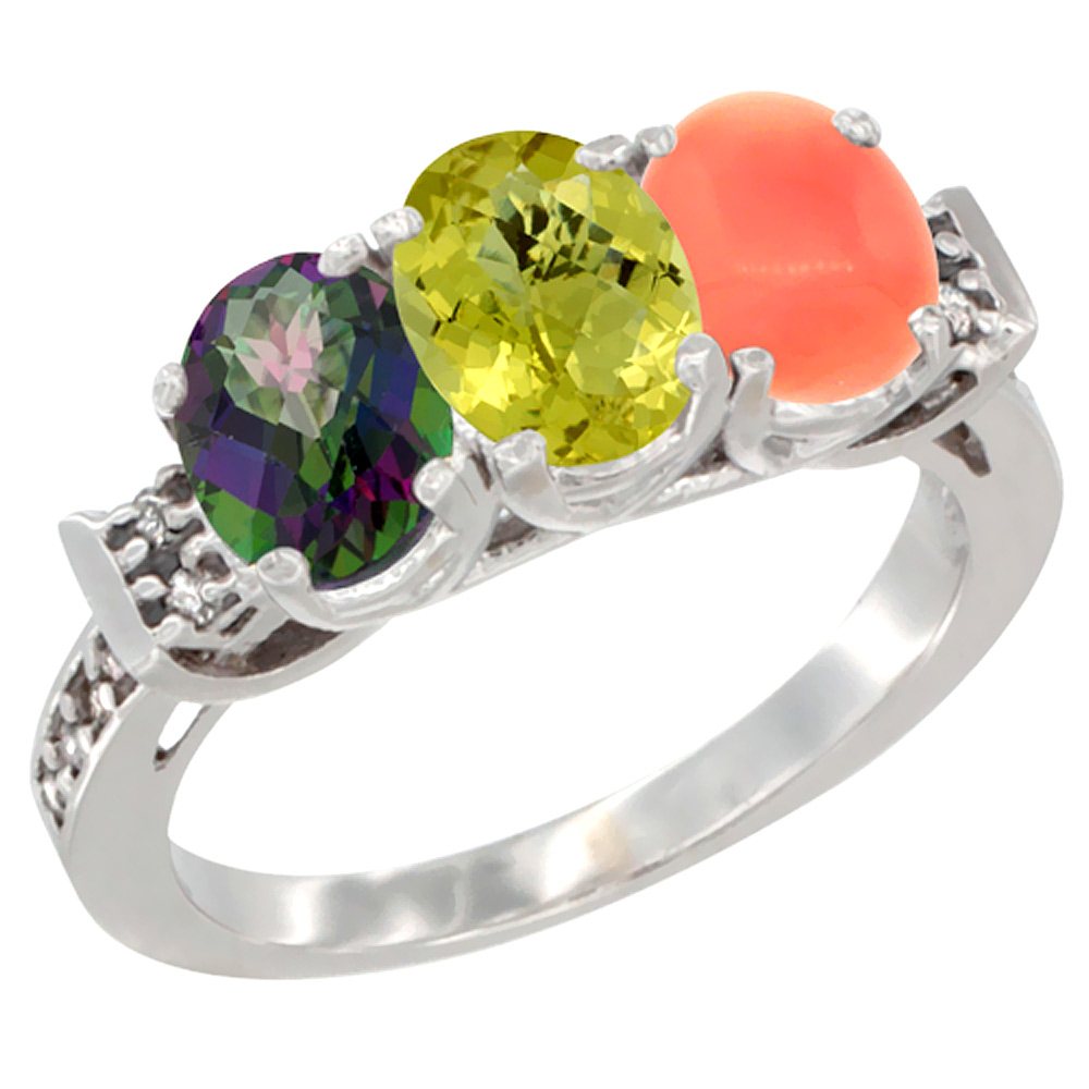 10K White Gold Natural Mystic Topaz, Lemon Quartz &amp; Coral Ring 3-Stone Oval 7x5 mm Diamond Accent, sizes 5 - 10