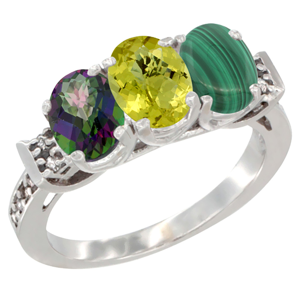 10K White Gold Natural Mystic Topaz, Lemon Quartz &amp; Malachite Ring 3-Stone Oval 7x5 mm Diamond Accent, sizes 5 - 10