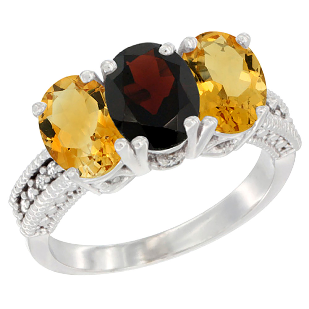 10K White Gold Natural Garnet &amp; Citrine Sides Ring 3-Stone Oval 7x5 mm Diamond Accent, sizes 5 - 10