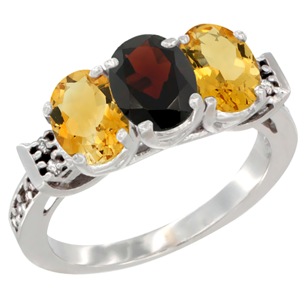 10K White Gold Natural Garnet & Citrine Sides Ring 3-Stone Oval 7x5 mm Diamond Accent, sizes 5 - 10