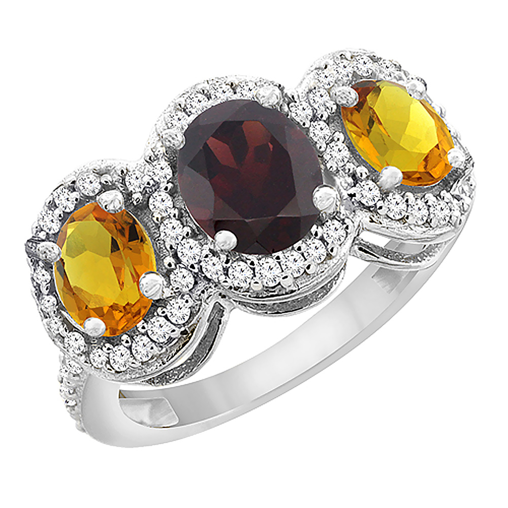 10K White Gold Natural Garnet & Citrine 3-Stone Ring Oval Diamond Accent, sizes 5 - 10