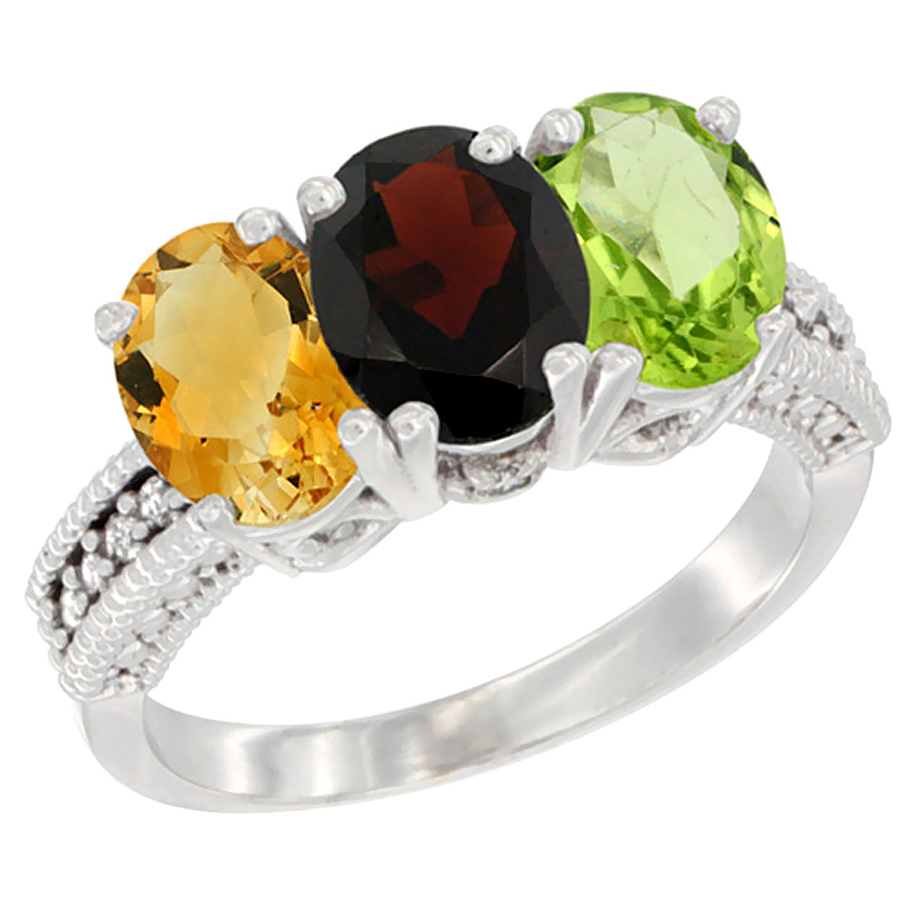 10K White Gold Natural Citrine, Garnet & Peridot Ring 3-Stone Oval 7x5 mm Diamond Accent, sizes 5 - 10