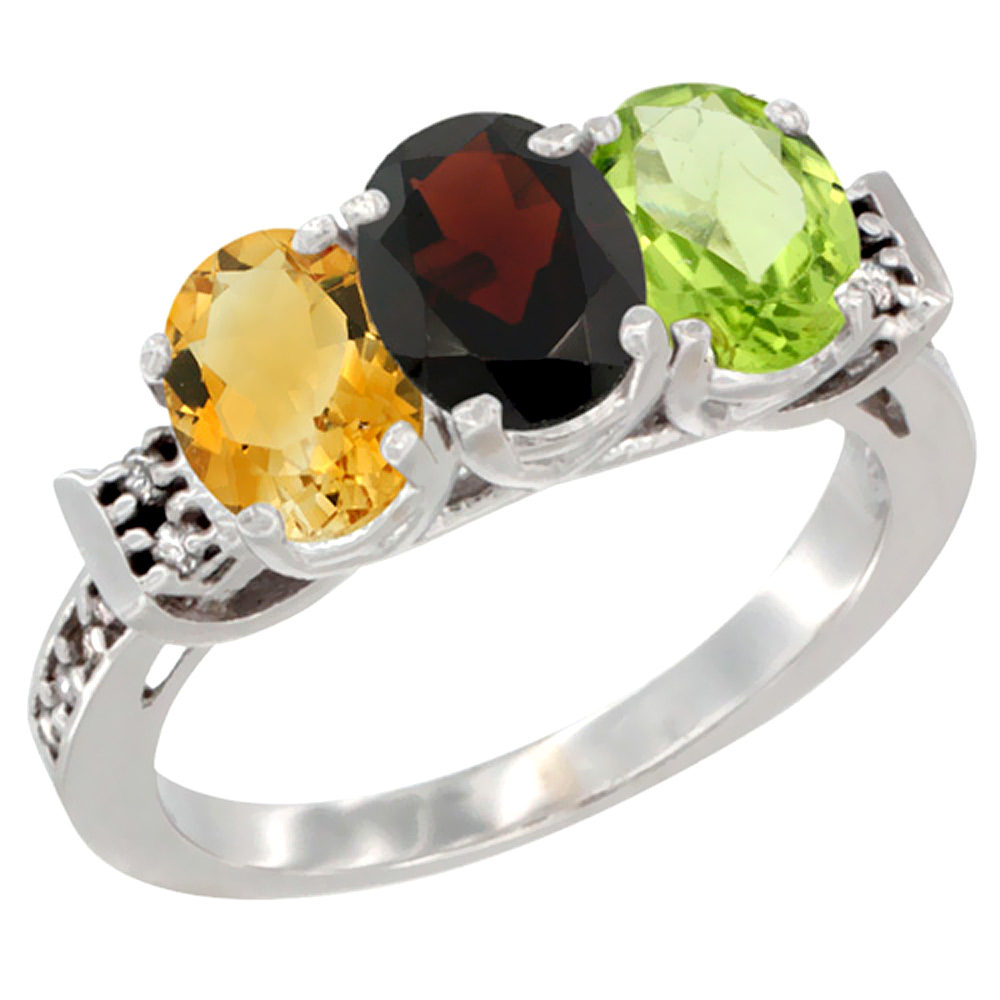 10K White Gold Natural Citrine, Garnet & Peridot Ring 3-Stone Oval 7x5 mm Diamond Accent, sizes 5 - 10