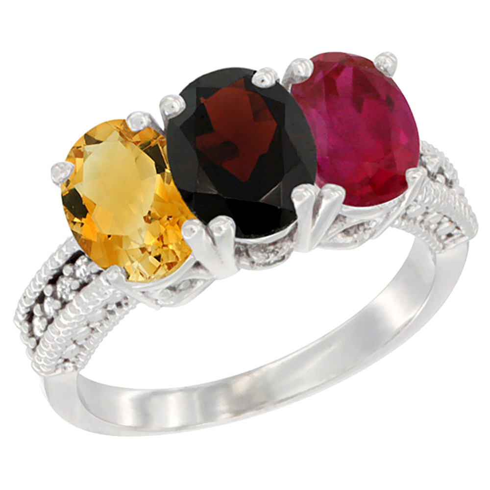 10K White Gold Natural Citrine, Garnet &amp; Enhanced Ruby Ring 3-Stone Oval 7x5 mm Diamond Accent, sizes 5 - 10