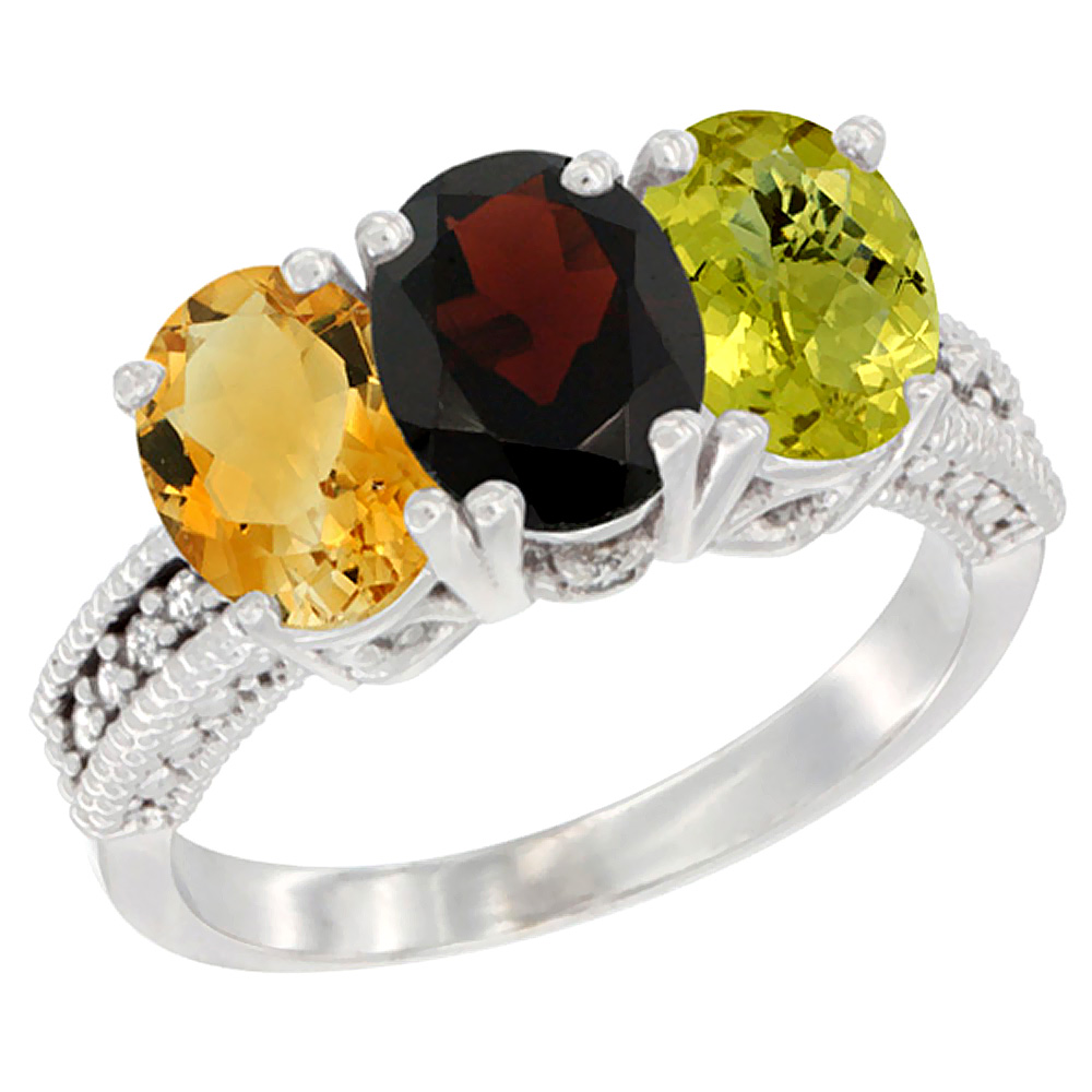 10K White Gold Natural Citrine, Garnet &amp; Lemon Quartz Ring 3-Stone Oval 7x5 mm Diamond Accent, sizes 5 - 10