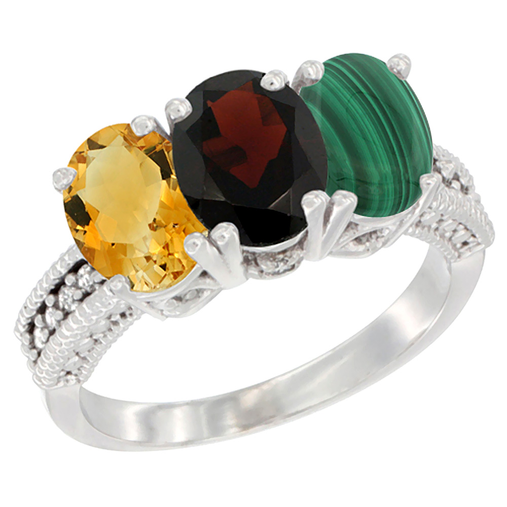 10K White Gold Natural Citrine, Garnet &amp; Malachite Ring 3-Stone Oval 7x5 mm Diamond Accent, sizes 5 - 10