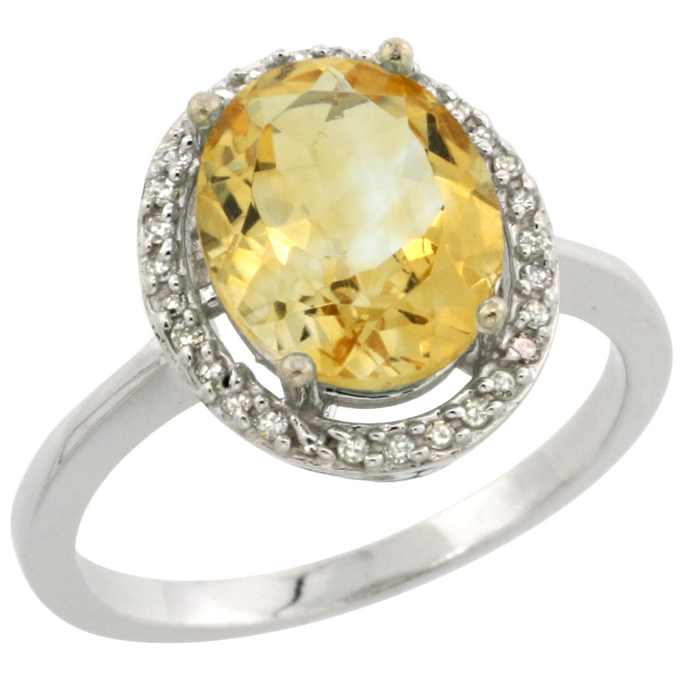 10K White Gold Diamond Natural Citrine Engagement Ring Oval 10x8mm, sizes 5-10