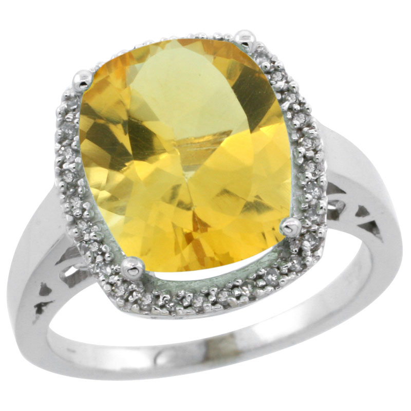 10K White Gold Diamond Natural Citrine Ring Cushion-cut 12x10mm, sizes 5-10