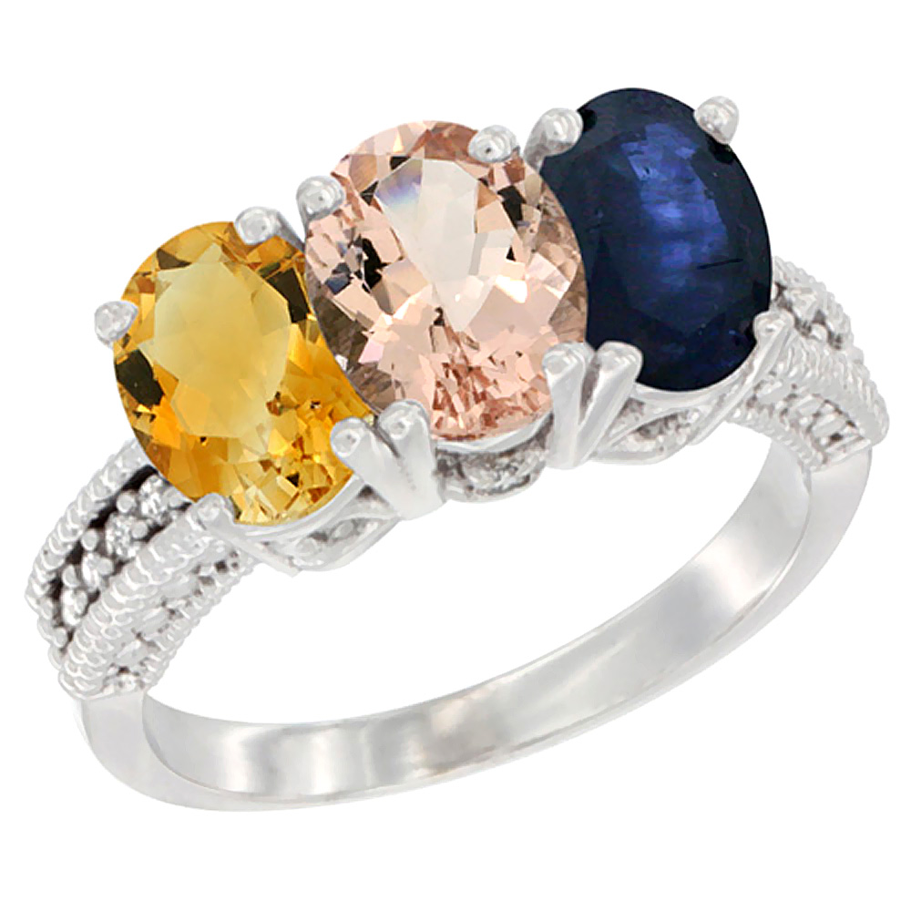 10K White Gold Natural Citrine, Morganite & Blue Sapphire Ring 3-Stone Oval 7x5 mm Diamond Accent, sizes 5 - 10