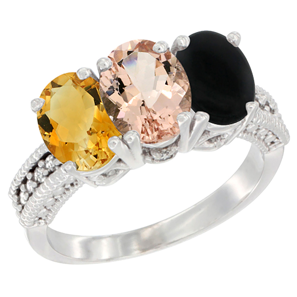 10K White Gold Natural Citrine, Morganite &amp; Black Onyx Ring 3-Stone Oval 7x5 mm Diamond Accent, sizes 5 - 10