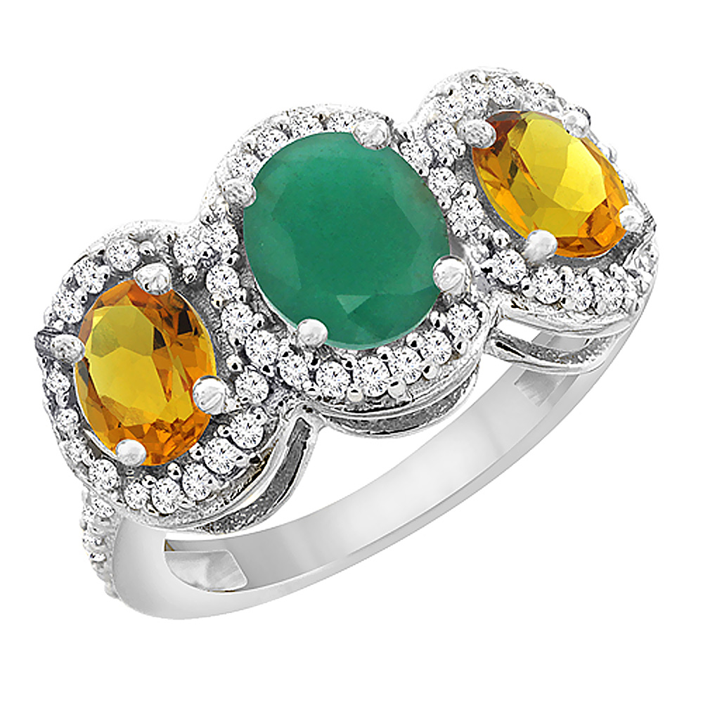 10K White Gold Natural Cabochon Emerald &amp; Citrine 3-Stone Ring Oval Diamond Accent, sizes 5 - 10