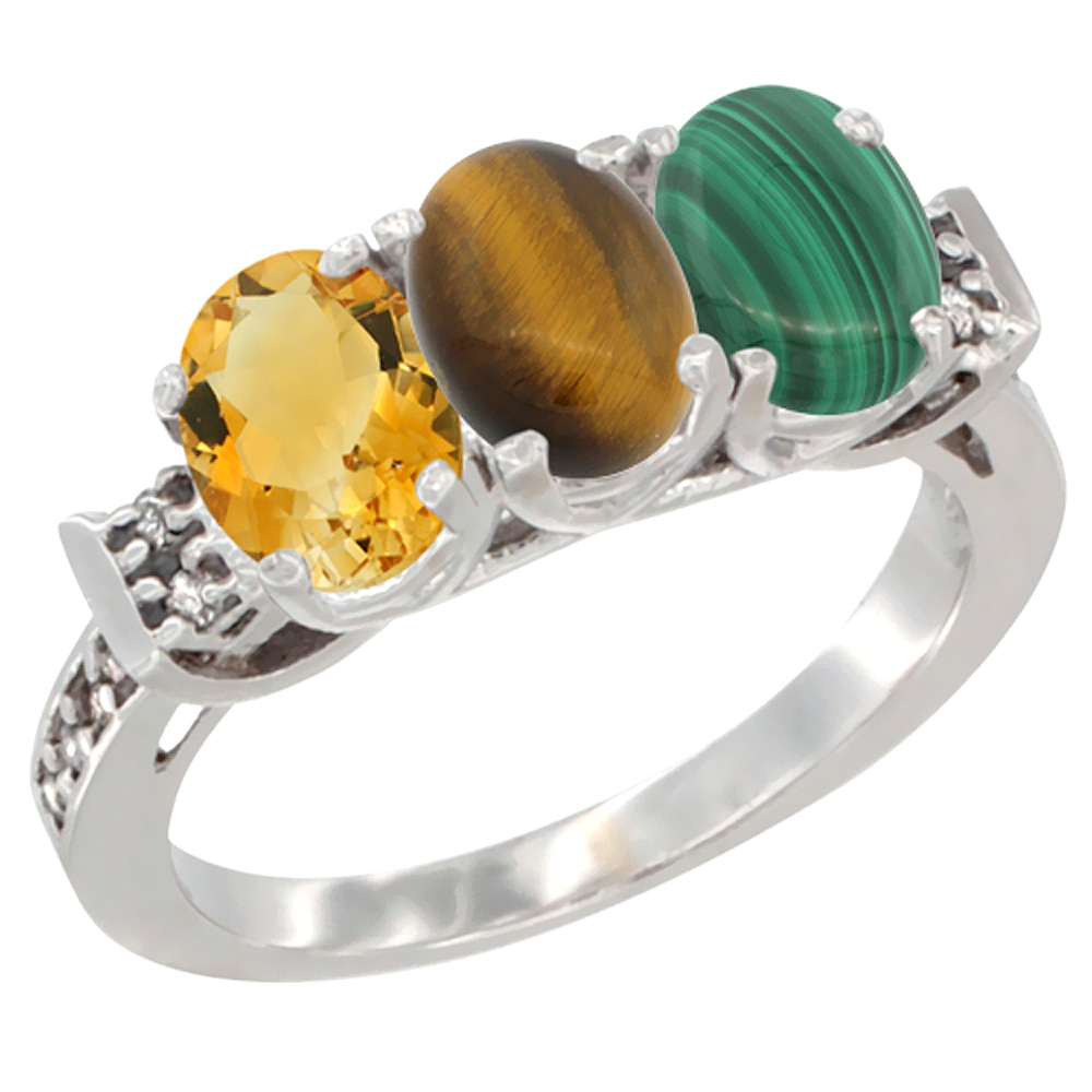 10K White Gold Natural Citrine, Tiger Eye &amp; Malachite Ring 3-Stone Oval 7x5 mm Diamond Accent, sizes 5 - 10