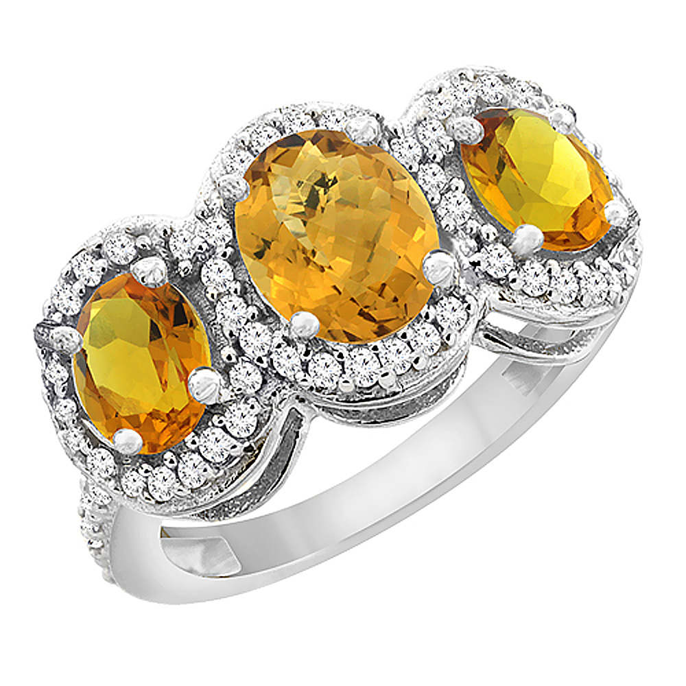 14K White Gold Natural Whisky Quartz & Citrine 3-Stone Ring Oval Diamond Accent, sizes 5 - 10