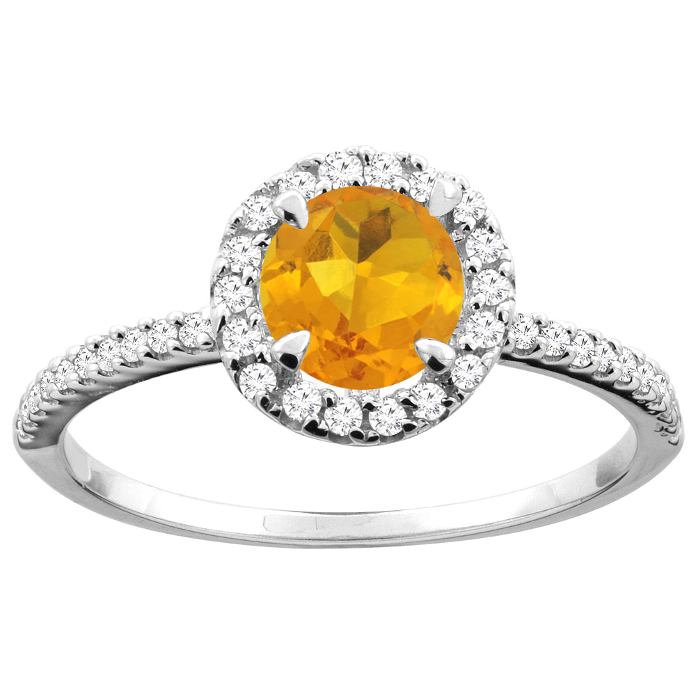 10K Yellow Gold Natural Citrine Ring Round 6mm Diamond Accents, sizes 5 - 10