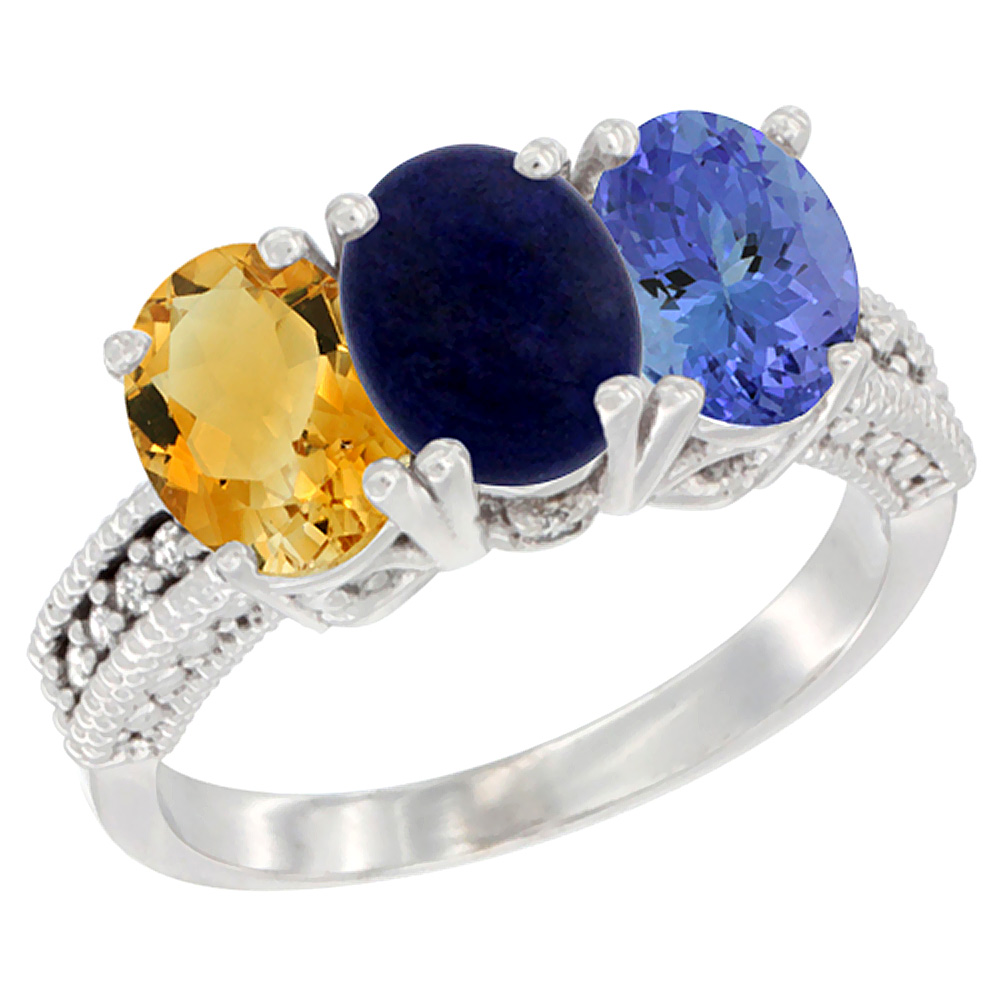 10K White Gold Natural Citrine, Lapis &amp; Tanzanite Ring 3-Stone Oval 7x5 mm Diamond Accent, sizes 5 - 10