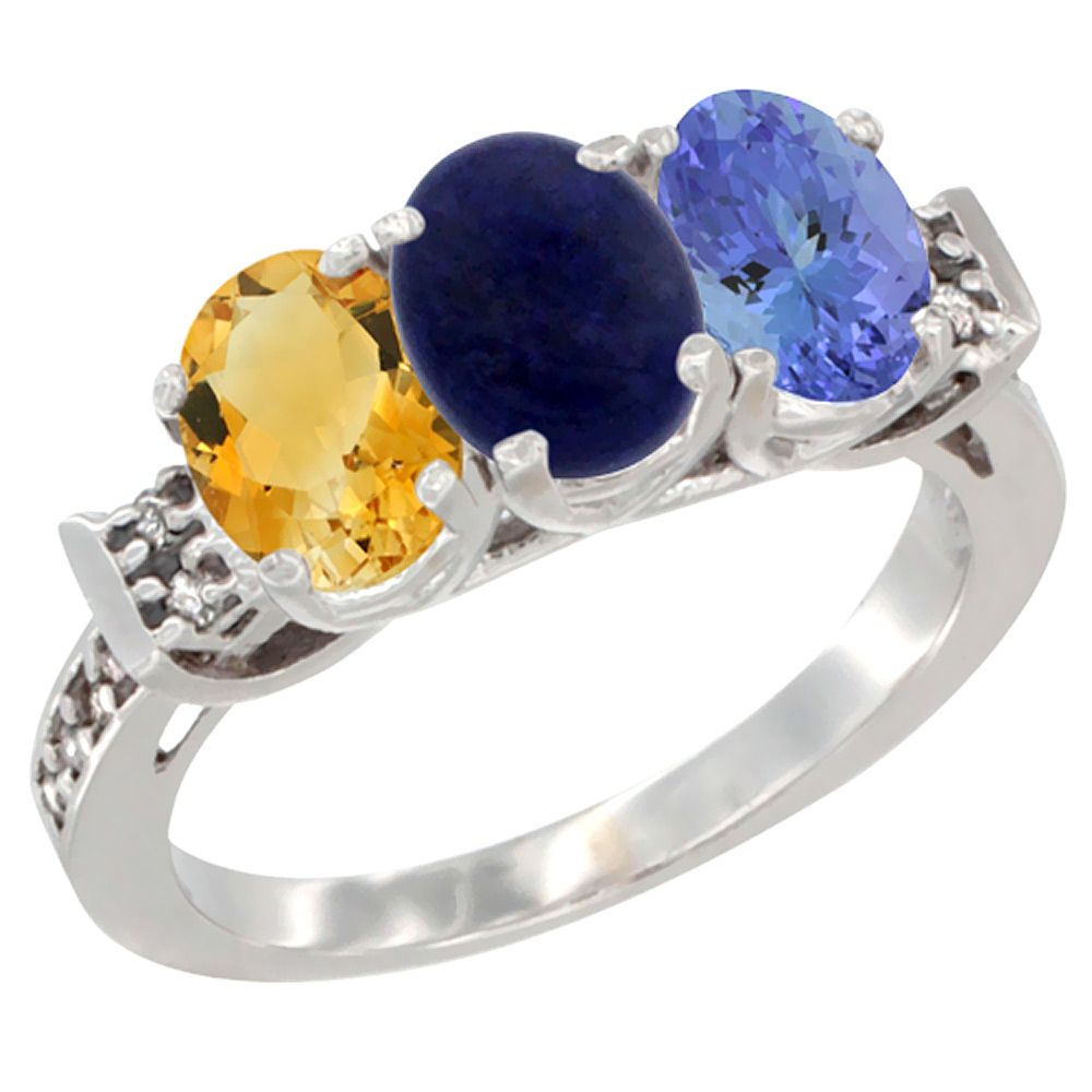 10K White Gold Natural Citrine, Lapis &amp; Tanzanite Ring 3-Stone Oval 7x5 mm Diamond Accent, sizes 5 - 10