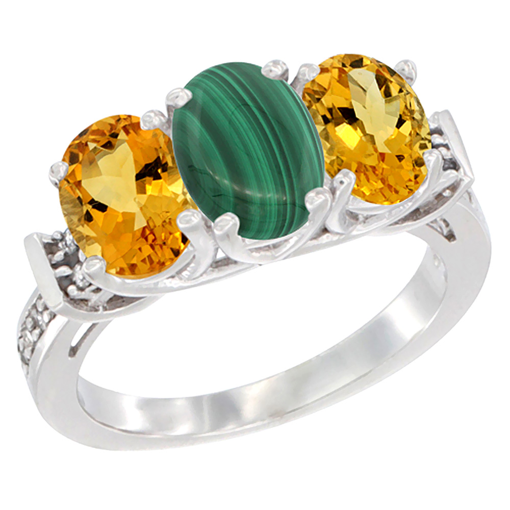 10K White Gold Natural Malachite & Citrine Sides Ring 3-Stone Oval Diamond Accent, sizes 5 - 10