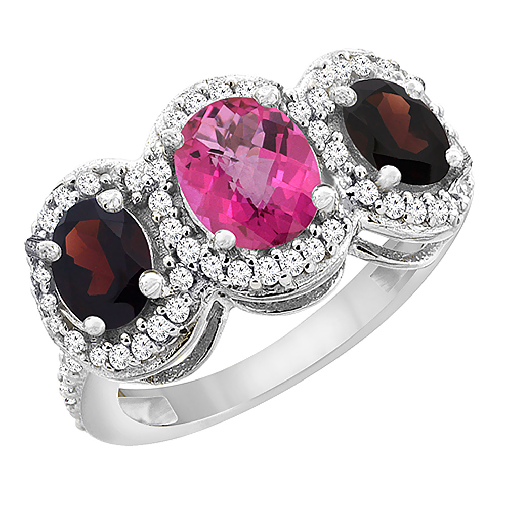14K White Gold Natural Pink Sapphire &amp; Garnet 3-Stone Ring Oval Diamond Accent, sizes 5 - 10