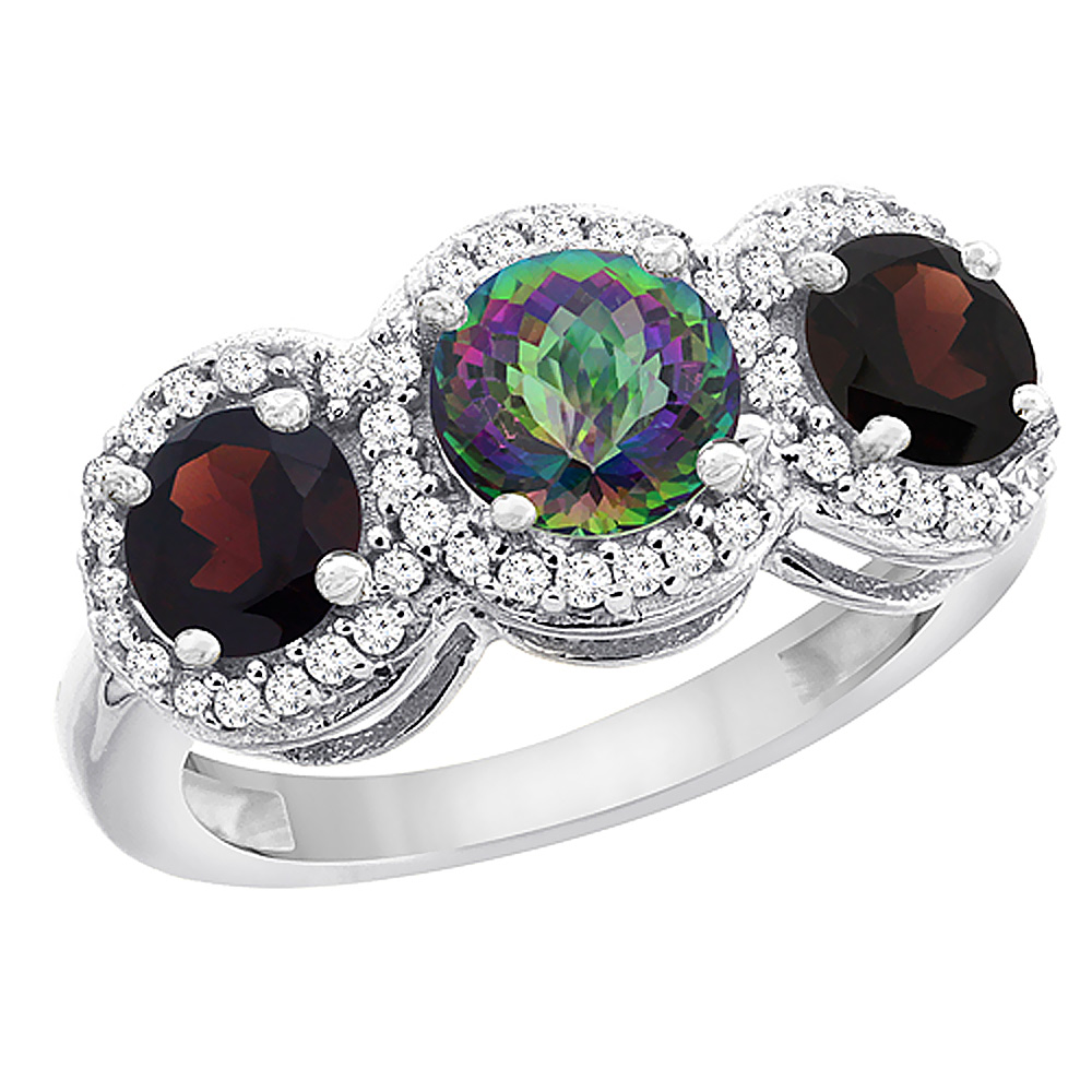 10K White Gold Natural Mystic Topaz & Garnet Sides Round 3-stone Ring Diamond Accents, sizes 5 - 10