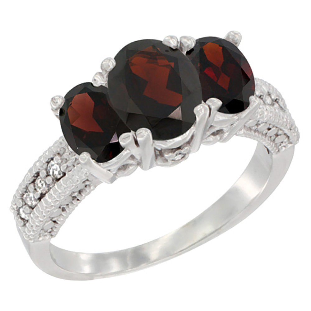 10K White Gold Diamond Natural Garnet Ring Oval 3-stone, sizes 5 - 10