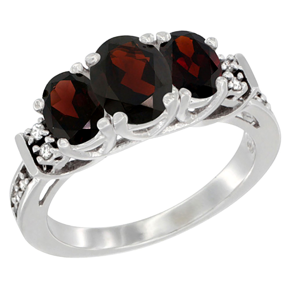 10K White Gold Natural Garnet Ring 3-Stone Oval Diamond Accent, sizes 5-10