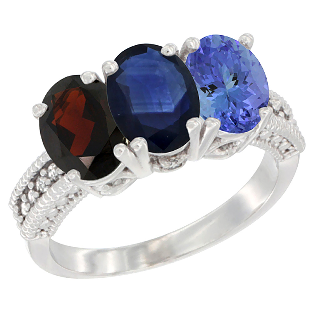 10K White Gold Natural Garnet, Blue Sapphire & Tanzanite Ring 3-Stone Oval 7x5 mm Diamond Accent, sizes 5 - 10