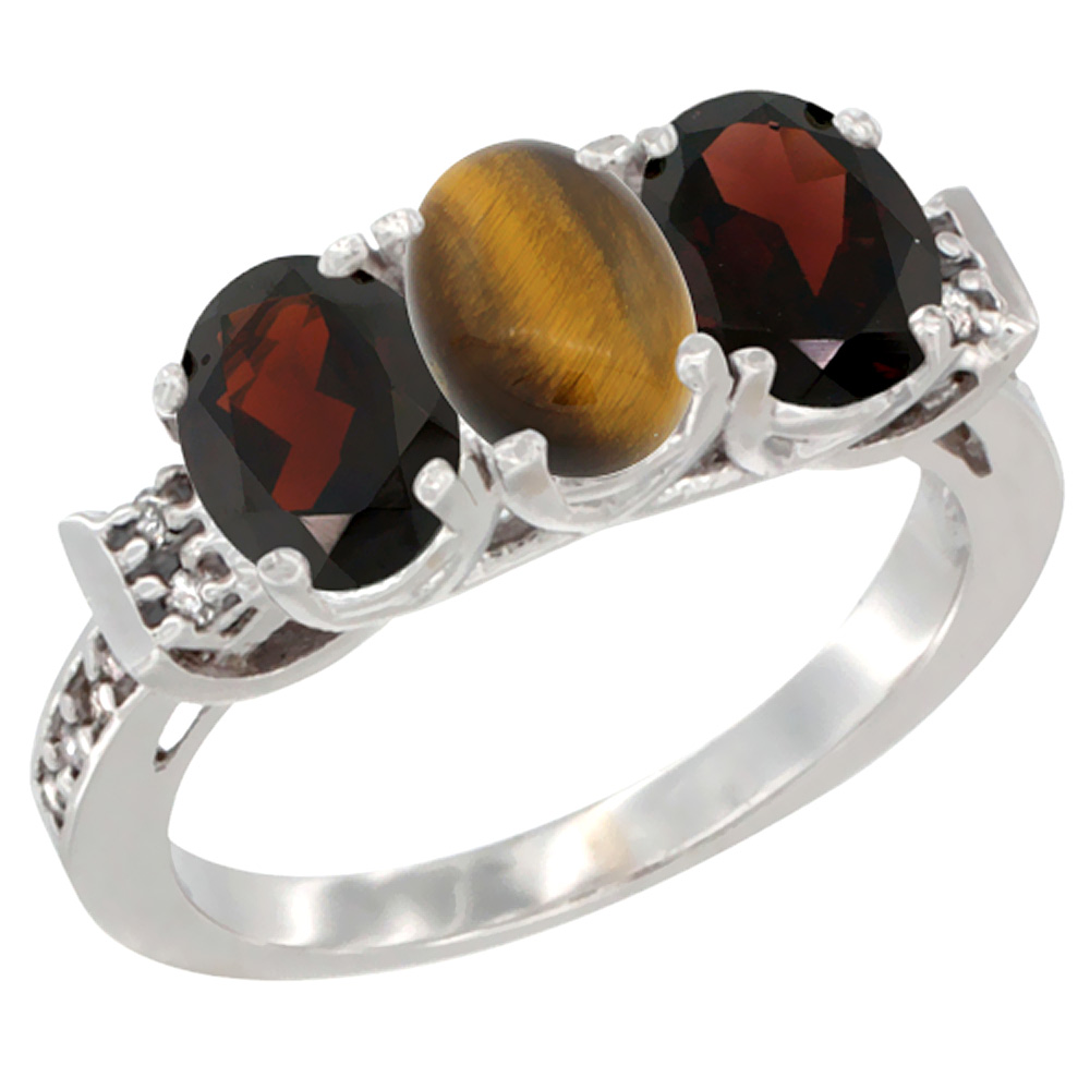 14K White Gold Natural Tiger Eye & Garnet Sides Ring 3-Stone 7x5 mm Oval Diamond Accent, sizes 5 - 10