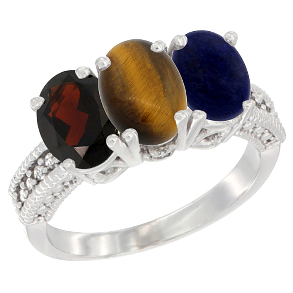 10K White Gold Natural Garnet, Tiger Eye & Lapis Ring 3-Stone Oval 7x5 mm Diamond Accent, sizes 5 - 10