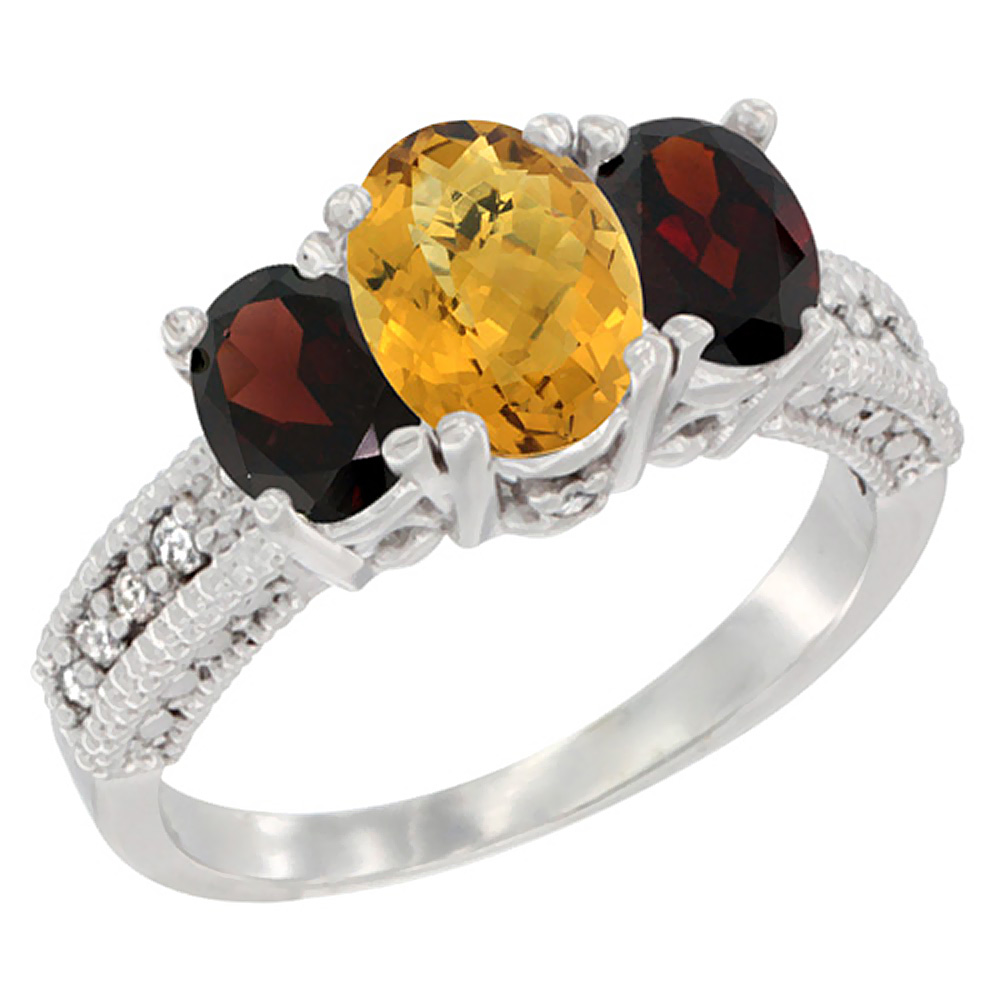 10K White Gold Diamond Natural Whisky Quartz Ring Oval 3-stone with Garnet, sizes 5 - 10