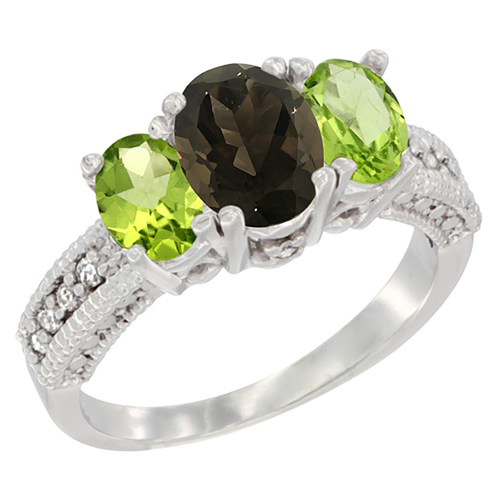 10K White Gold Diamond Natural Smoky Topaz Ring Oval 3-stone with Peridot, sizes 5 - 10