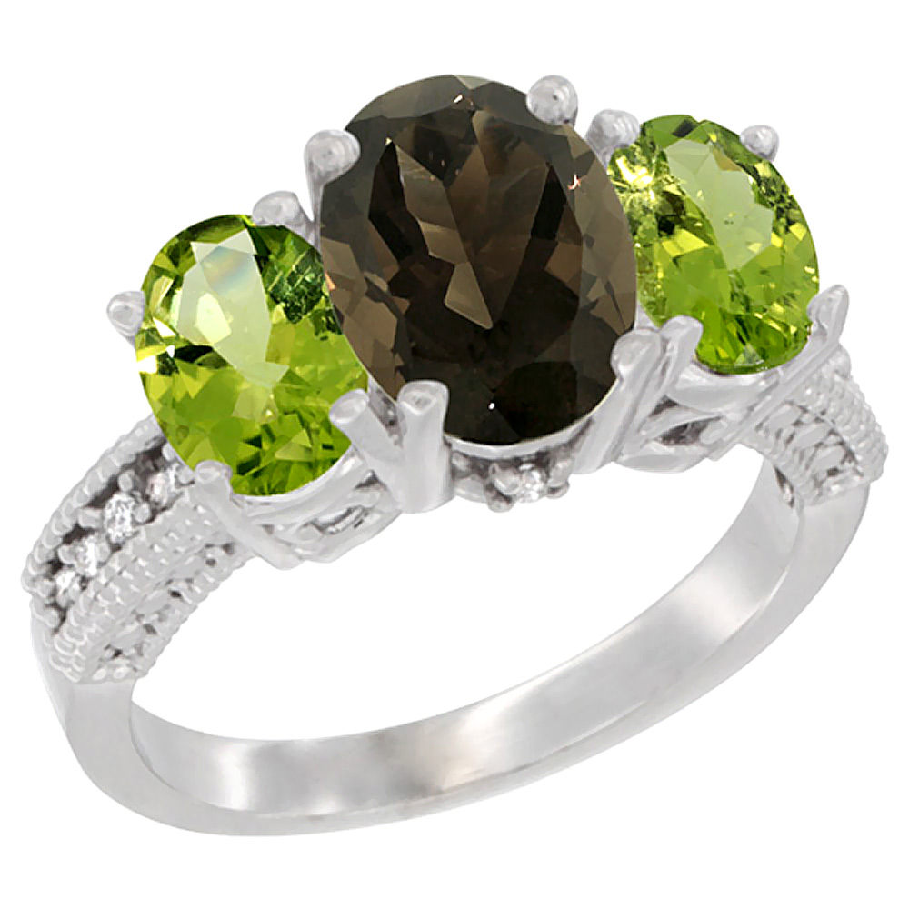 10K White Gold Diamond Natural Smoky Topaz Ring 3-Stone Oval 8x6mm with Peridot, sizes5-10