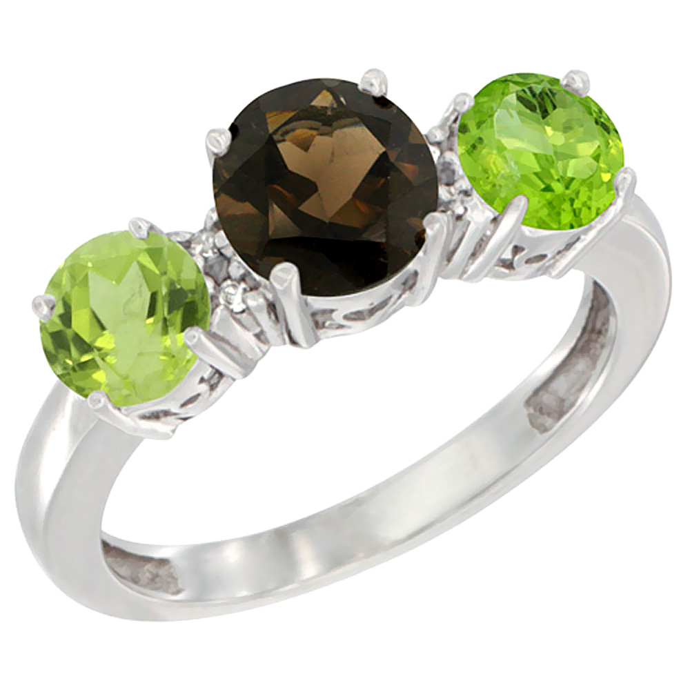 14K White Gold Round 3-Stone Natural Smoky Topaz Ring & Peridot Sides Diamond Accent, sizes 5 - 10