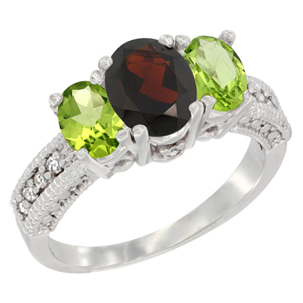 10K White Gold Diamond Natural Garnet Ring Oval 3-stone with Peridot, sizes 5 - 10