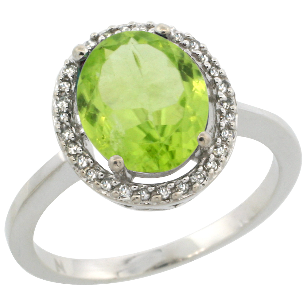 10K White Gold Diamond Halo Natural Peridot Engagement Ring Oval 10x8 mm, sizes 5-10