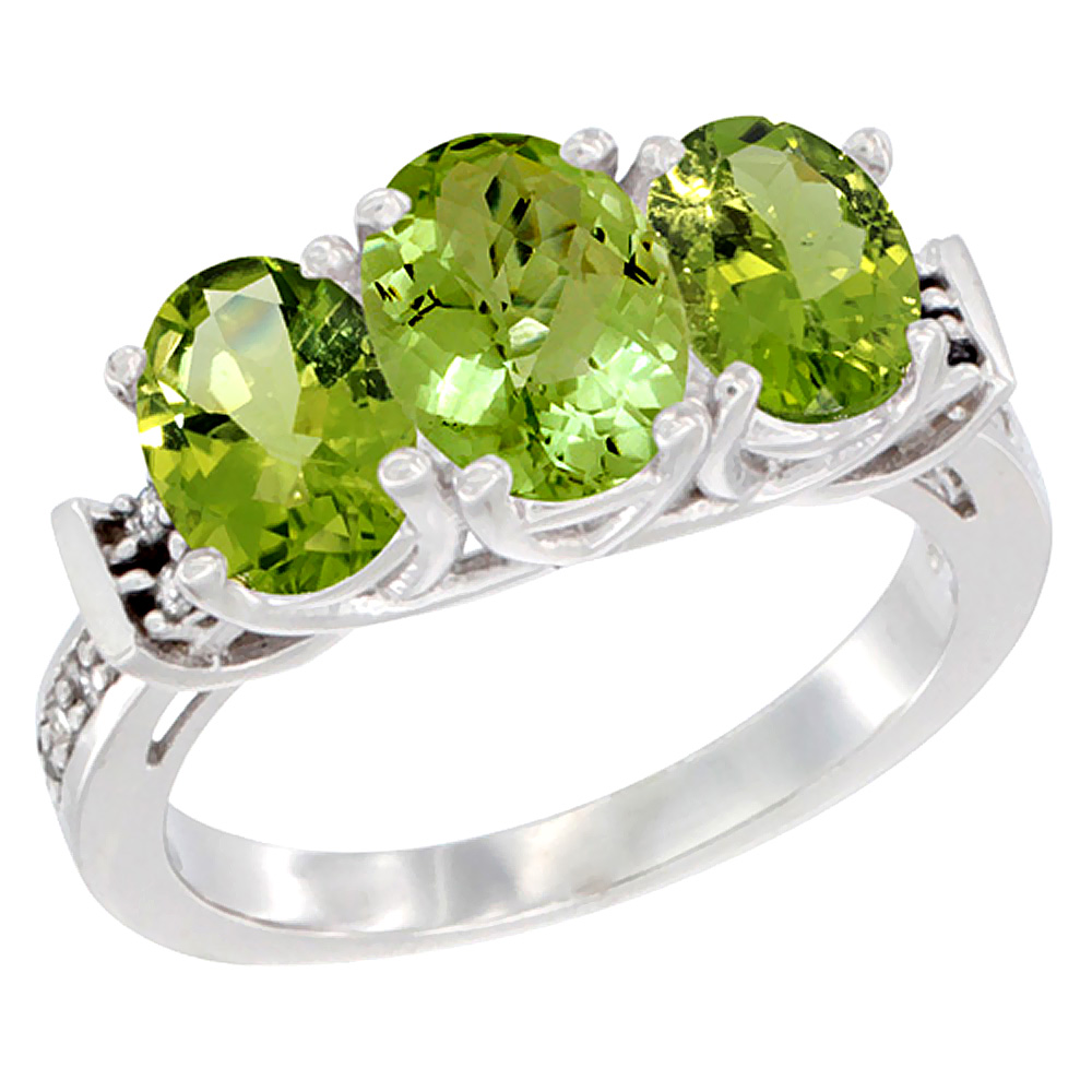 10K White Gold Natural Peridot Ring 3-Stone Oval Diamond Accent, sizes 5 - 10